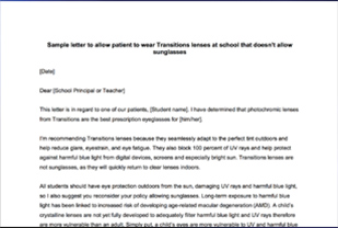 <em>Transitions<sup>®</sup></em> Lenses Patient Permission Letter for Schools